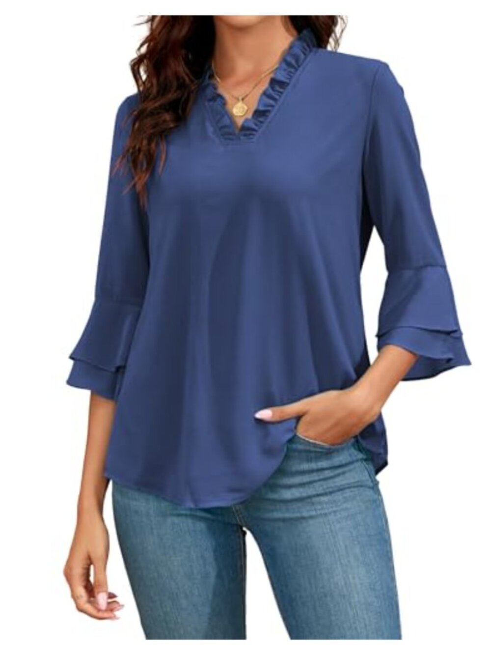 Women's 3/4 Bell Sleeve Ruffle V-Neck Chiffon Double Layered Work Tunic Blouse
